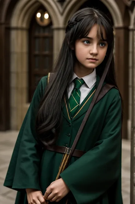 a girl with long hair, black, grey eyes, Harry Potter uniform from Slytherin and along with Harry Potter 