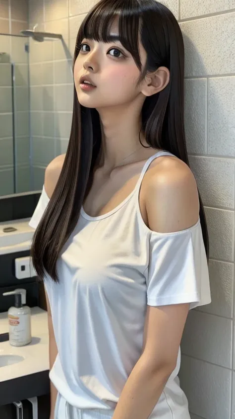 white t-shirt，jojojo,one girl, underarm, asian, bangs, bare shoulders, bathroom, iris, black hair, blunt bangs, chest, brick wal...