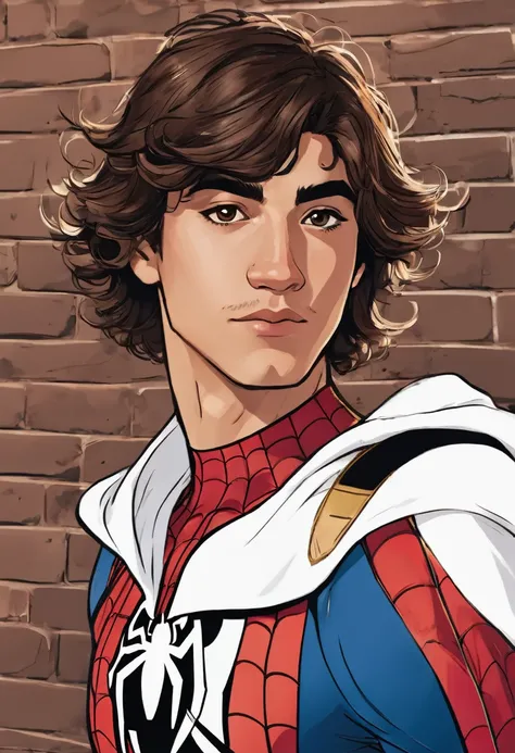 A nineteen year old half mexican half white. with short wavy brown hair wearing a spiderman suit