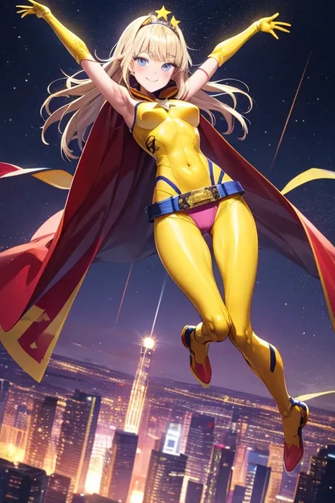 ((best quality)), ((masterpiece)), (detailed), 1 girl, Full body, 19 years old, Smiling face, Blue eyes, Star-shaped tiara, Arms outstretched, Arms behind waist, Masked, Eye mask, Blue superhero mask, Blushing, Blonde hair, Straight hair, Long hair, Bangs,...