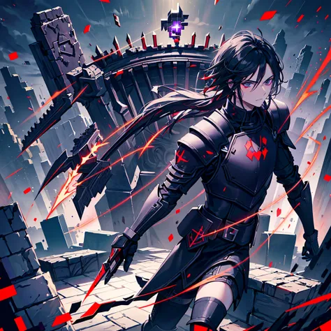 Black haired man with dark eyes and wearing black armor with red details with a black rose (with Minecraft runes flying around the armor that has a purple glow as if it were enchanted)