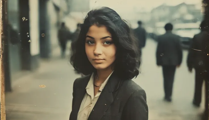 35mm vintage street photo of a very beautiful innocent cute looking lady, 18 years old, dimples, big eyes, tall nose, small mouth, long straight black hair, full of body tattoo, wearing suit, smiling 