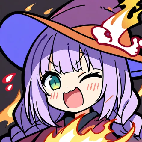 Top quality, masterpiece, chibi character, animal ear girl, peal purple and blunt bangs hair, twin braids, eyes closed, mouth wide open and screaming, blushing, face close to the front, 
A girl who was hit by flame magic and turned black, a wizards hat wit...