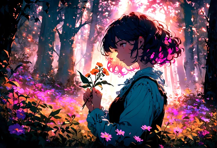 picking flowers, at the forest, ,swirly vibrant colors,soft lighting