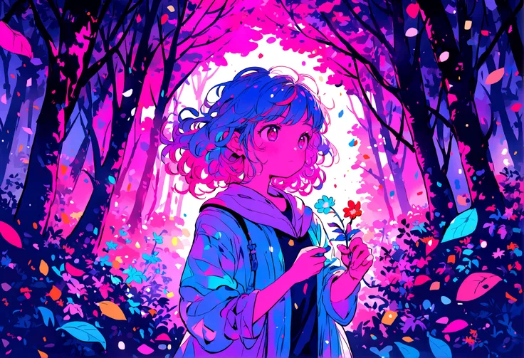 picking flowers, at the forest, ,swirly vibrant colors,soft lighting