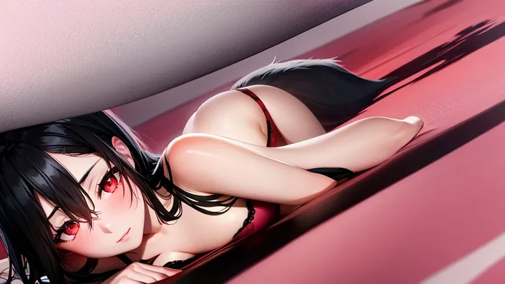 An adult woman, half fox, black hair with red stripes, pink and red eyes, very shy, very sexy, underwear, lying down