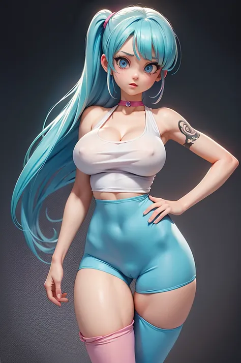 BULMA, whole body, very large and round breasts (neckline) translucent t-shirt, thin waist (very skinny), wide legs, pink leggings, Wide hips, flirt with the viewer, light blue hair light blue eyes, wide, standing next to a tall muscular man, naked torso, ...