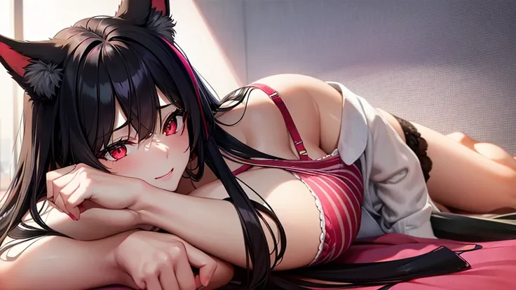 An adult woman, half fox, black hair with red stripes, pink and red eyes, very shy, very sexy, underwear, lying down