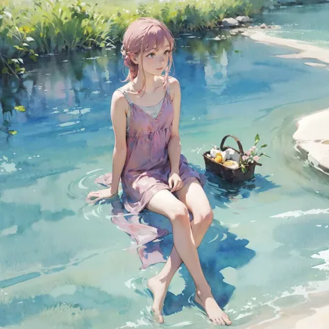 Tranquil voyager girl, in watercolor style, Photorealism, discreet pink and mint shades, barefoot