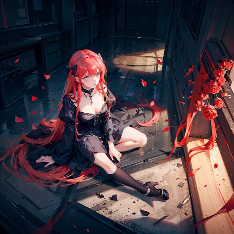 female laid on the floor, rotting roses, black dress, big bow laid aside of her, top point of view, long red hair, blue eyes