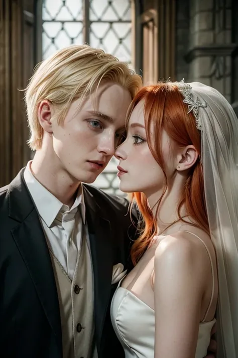 Draco Malfoy blonde boy and Elena Weasley redhead girl getting married 