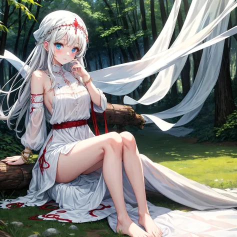 white, Heterochromia eyes Sky blue and blood red, beautiful girl, solo, and soul, White dress, waistband, forest, sunlight, sitting, blanket covering her head, barefoot, cute bracelets, shaking head
