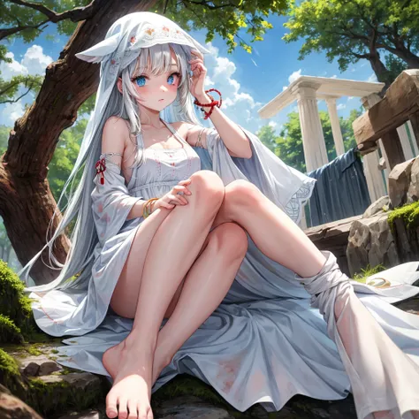 white, Heterochromia eyes Sky blue and blood red, beautiful girl, solo, and soul, White dress, waistband, forest, sunlight, sitting, blanket covering her head, barefoot, cute bracelets, shaking head
