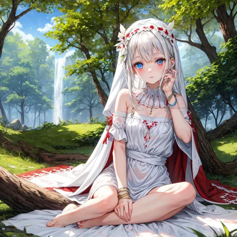 white, Heterochromia eyes Sky blue and blood red, beautiful girl, solo, and soul, White dress, waistband, forest, sunlight, sitting, blanket covering her head, barefoot, cute bracelets, shaking head
