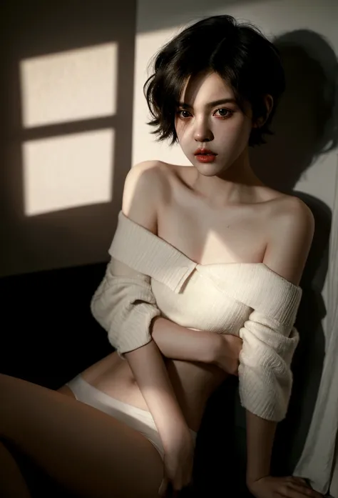 girl wearing off-the-shoulder underwear, short hair, sexy look, in dark environment, deep shadows, low key lighting, , (best quality, masterpiece, ultra-detailed, photorealistic:1.5, raw photo)