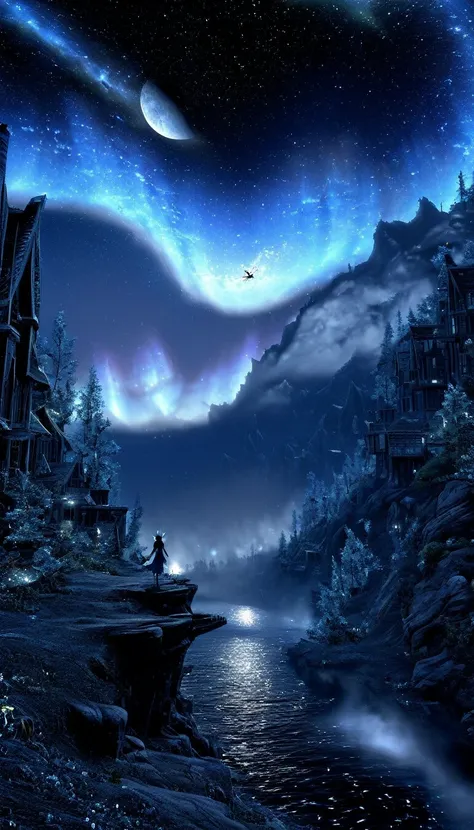 (masterpiece), (Highest quality), (High resolution),Dutch Angle,hyper detailed, alone, detailed_background, landscape,  Fantasy Style、midnight、There is a galaxy、I can see a shooting star、Fantastic sky、A big moon rises、There are crystals around、Fairies are ...