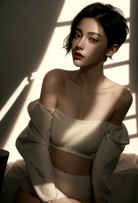 girl wearing off-the-shoulder underwear, short hair, sexy look, in dark environment, deep shadows, low key lighting, , (best quality, masterpiece, ultra-detailed, photorealistic:1.5, raw photo)