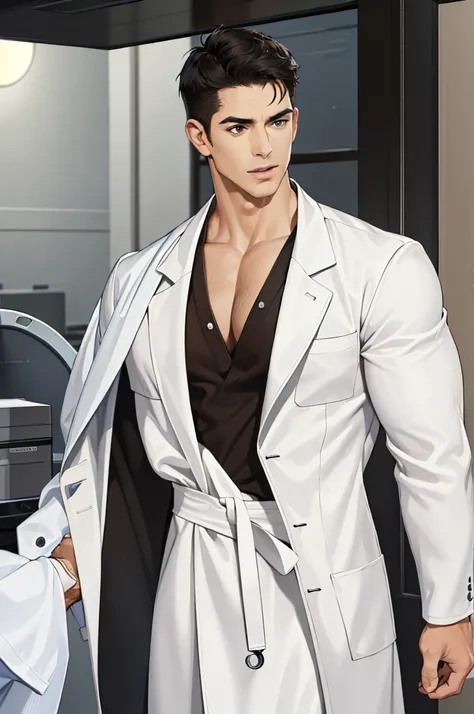 (absurdres, highres, ultra detailed, realistic, ), 1 male, solo, adult, mature, tall muscular guy, broad shoulders, handsome, very short hair, black hair, brown eyes, angular jaw, thick neck, thick eyebrows, hospital room, Doctor, white gown, white coat, u...