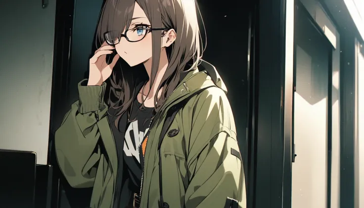 diagonal, bright、Glasses、woman、Jacket、Hiding one eye、stylish