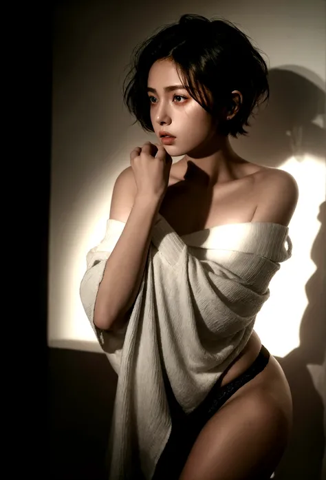 girl wearing off-the-shoulder underwear, short hair, sexy look, in dark environment, deep shadows, low key lighting, cold tones, (best quality, masterpiece, ultra-detailed, photorealistic:1.5, raw photo)