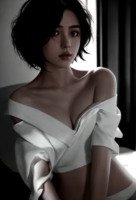 girl wearing off-the-shoulder underwear, short hair, sexy look, in dark environment, deep shadows, low key lighting, cold tones, (best quality, masterpiece, ultra-detailed, photorealistic:1.5, raw photo)