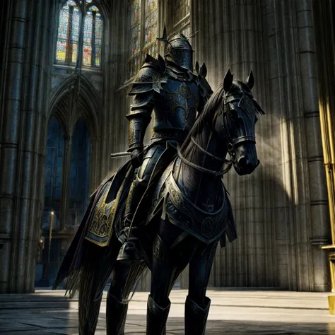 draego, a medieval knight in shining armor, standing in front of an altar in a large cathedral, dramatic backdrop, high contrast...