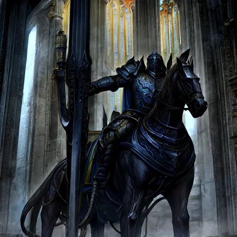 draego, a medieval knight in shining armor, standing in front of an altar in a large cathedral, dramatic backdrop, high contrast...