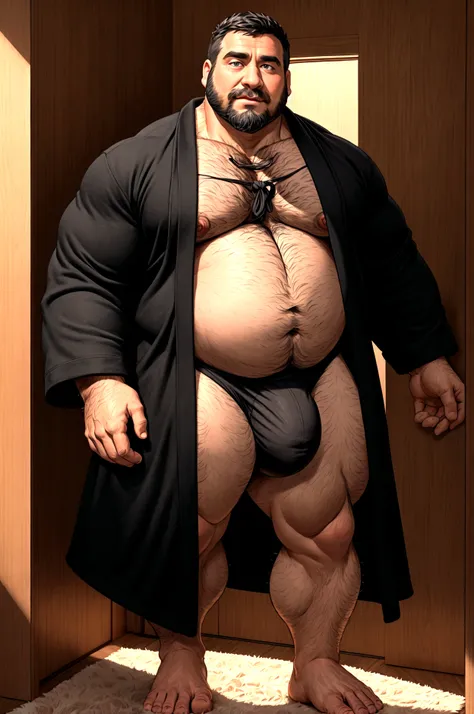 40 years old white Male, tall, giant body, handsome, dad bod, beefy, strong arms and legs, wide shoulders, a bit chubby muscle gut, a bit of fat but still very muscular, extremely hairy, (((a lot of body hair))), short beard, wearing a untie black bathrobe...