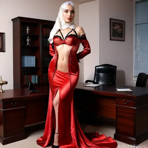 A woman secretary in the translucent red night gown, half naked,nipple on, wear corset with bra expose, wear blazer,wearing satin hijab, full body,mermaid tight long gown, flowy dramatic long gown,very long flor length gown, tall women, in office room, 
 s...