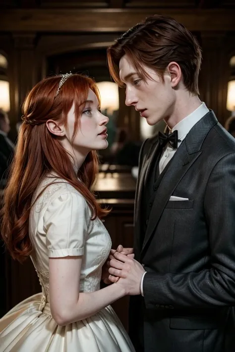 George Weasley redhead boy and Elizabeth Nott girl with black hair getting married