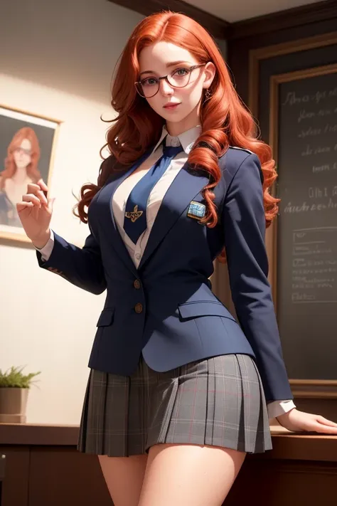 a beautiful young woman with long curly red hair, beautiful detailed eyes, large round glasses, beautiful detailed lips, extremely detailed eyes and face, freckles on her face, large bust, chubby, long eyelashes, wearing a blue blazer style uniform with ti...