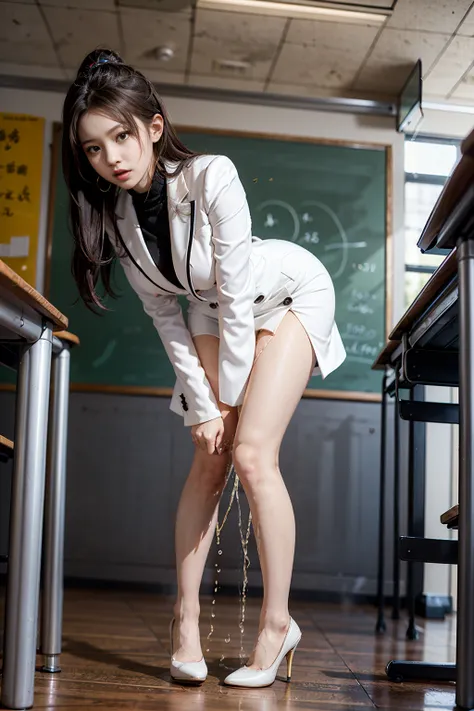 Female student teacher pees in front of female students、Urinary incontinence、peeing herself、A lot of pee、From below、White Suit、White Mini Skirt、High heels、Perfect figure、Extremely beautiful、classroom、Standing upright and peeing、Steam rising from the pee、Em...