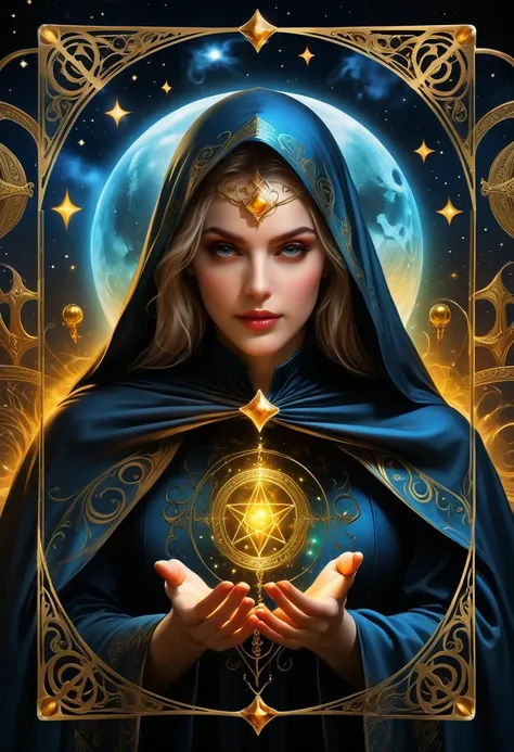 Fortune Teller，Metal photo frame，card，tarot cards：1.37.Mysterious fortune teller in cloak，Finger taps an array of tarot cards in the air，Mystical symbols and elements，Ancient mysterious atmosphere，Realistic illustration details，A composition full of vitali...