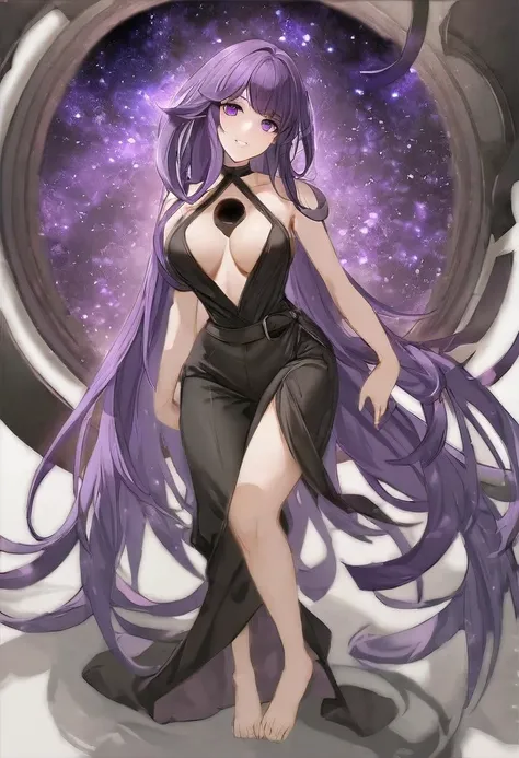 Athena，Purple one-way slightly messy long hair，Purple Eyes，Black one-piece dress，But the jumpsuit is sexy，barefoot，A black hole in the universe，Purple and black black hole，Draw a good look，The facial features should be normal，Normal body proportions