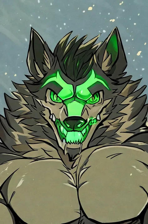 A hulking skull faced wolf creature with black fur, giant pecs, glowing green eyes, bangs, flexing