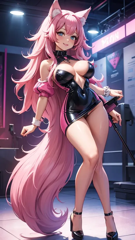 Happy , with wolf ears and pink hair, holding her cheeks, wolf tail, wearing a latex dress, looking at veiwer, full body, you can see her chest, naked breasts