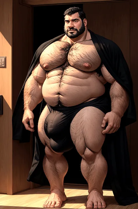 40 years old white Male, tall, giant body, handsome, dad bod, beefy, strong arms and legs, wide shoulders, a bit chubby muscle gut, a bit of fat but still very muscular, extremely hairy, (((a lot of body hair))), short beard, wearing a untie black bathrobe...