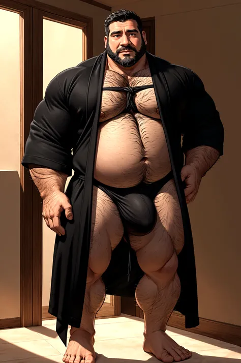 40 years old white Male, tall, giant body, handsome, dad bod, beefy, strong arms and legs, wide shoulders, a bit chubby muscle gut, a bit of fat but still very muscular, extremely hairy, (((a lot of body hair))), short beard, wearing a untie black bathrobe...