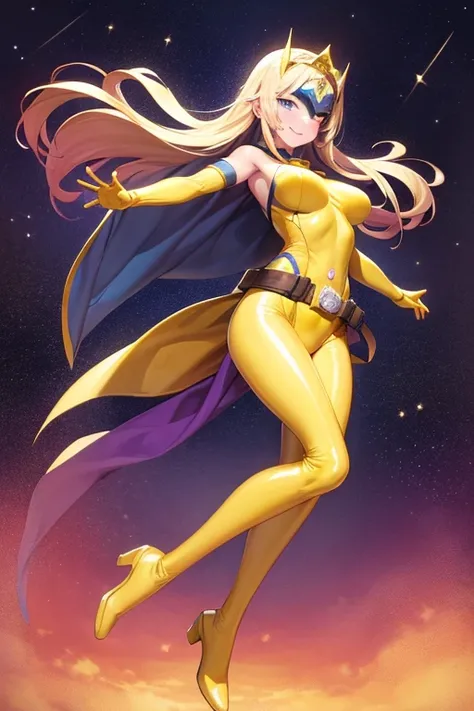 ((best quality)), ((masterpiece)), (detailed), 1 girl, Full body, 19 years old, Smiling face, Blue eyes, Star-shaped tiara, Arms outstretched, Arms behind waist, Eye mask, Blue superhero mask, Blushing, Blonde hair, Straight hair, Long hair, Bangs, 2 star ...