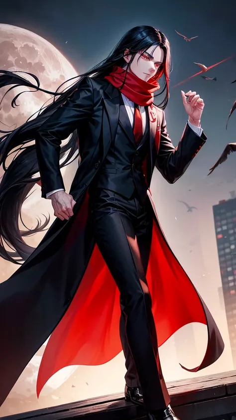 Young man, attractive, long black hair. Sharp and bright red eyes, profiled nose. serious. Guspo. wears black suit, white shirt and loose red scarf around the neck, standing on the roof of a gray building, in the background the night and a waning yellow mo...