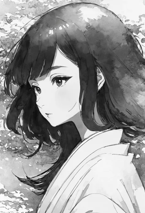 Japanese women　A fleeting and hollow feeling　profile　Japanese style　Monochrome　An illustration　rough　No background