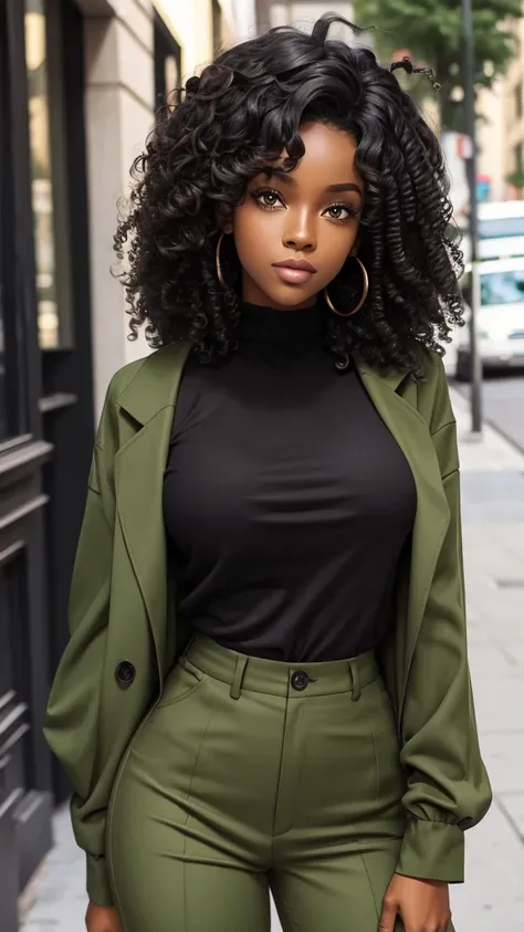 black female, with curly hair and green eyes in chic clothes 