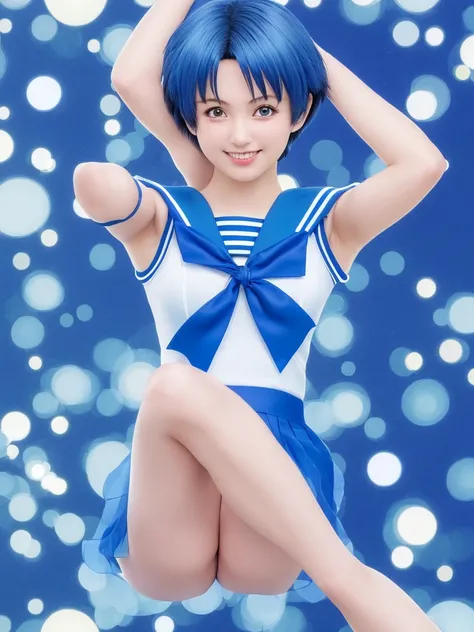 8k, Japanese, middle school girl, solo, age 18 ,Sailor Mercury, A transparent under cosplay, blue short hair, arms, legs,Face, pose, Highest quality, smile,