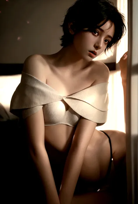 girl wearing off-the-shoulder underwear, short hair, sexy look, in dark environment, deep shadows, low key lighting, , (best quality, masterpiece, ultra-detailed, photorealistic:1.5, raw photo)