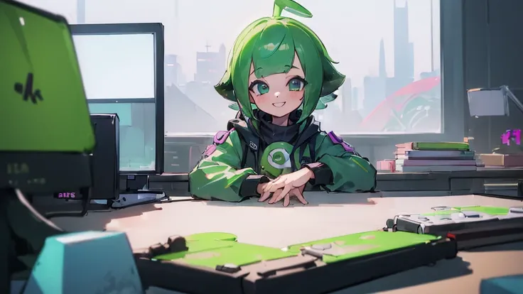 ((Highest quality, 8K, masterpiece: 1.3)), ((One girl:1.5)), Home,Play on a gaming monitor,Live broadcast in progress,Splatoon 3,A big smile,Green short hair