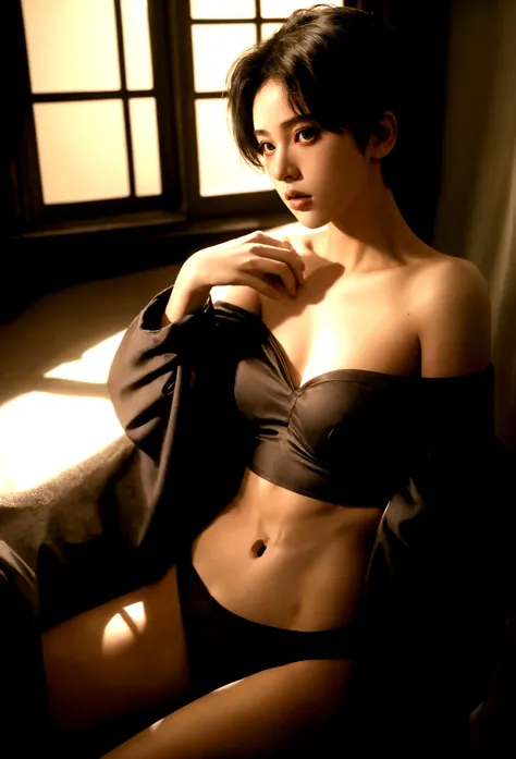 girl wearing off-the-shoulder underwear, short hair, sexy look, in dark environment, deep shadows, low key lighting, , (best quality, masterpiece, ultra-detailed, photorealistic:1.5, raw photo)