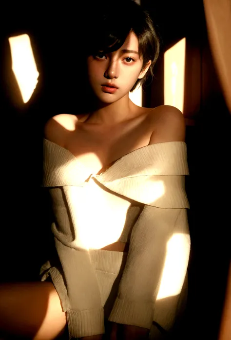 girl wearing off-the-shoulder underwear, short hair, sexy look, in dark environment, deep shadows, low key lighting, , (best quality, masterpiece, ultra-detailed, photorealistic:1.5, raw photo)