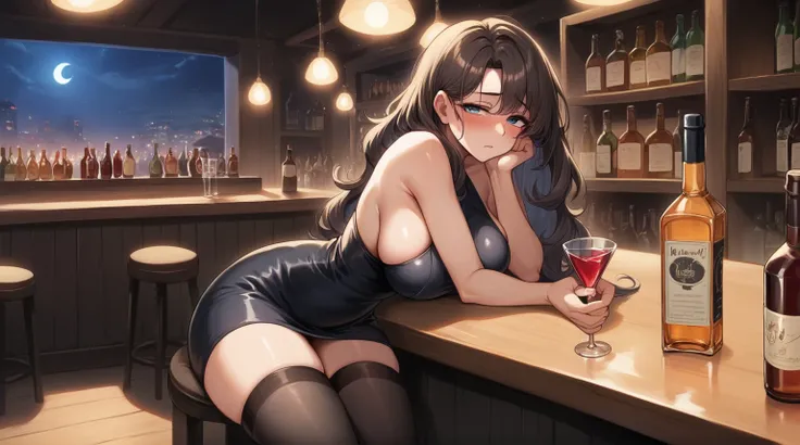 best quality, 4k, high resolution, Masterpiece: 1.2, extremely detailed), sad expression looking at camera, big breasts, 40 year old girl, solo, brunette, fluffy long hair, blue eyes, (drunk, blushing), (sitting, drinking), ((mature sexy body)), black stoc...