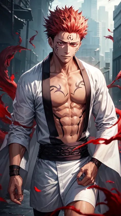 a young man in the story series "Jujutsu kaisen" named "itadori yuji" with a tattooed face, brown eyes, bright red hair, is using the demon domain technique (SUKUNA), and a white kimono shirt, filled with an evil aura colored red, black, with realistic vis...