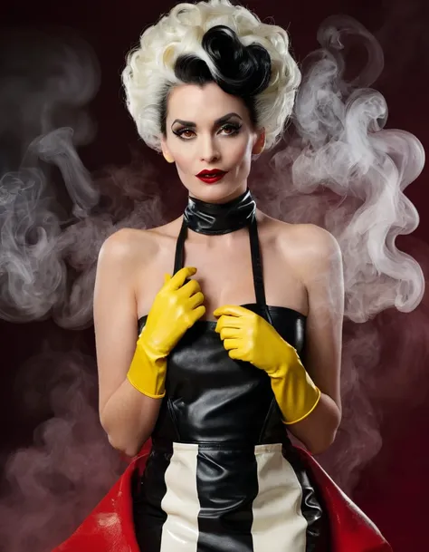 a masterpiece, high resolution, best quality, very detailed. cruella. a very magnificent hairstyle. a naked model in a long late...